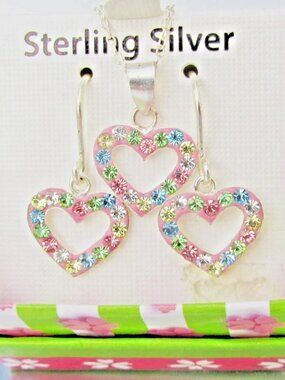 New JACMEL Mauritius Sterling Silver HEART Rhinestone Necklace Earrings Set NWT